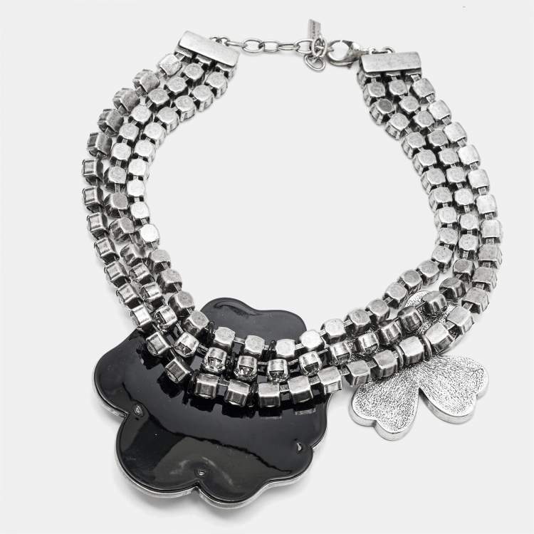 Pre Owned Saint Laurent Crystal Heart Clover Silver Tone Choker Necklace