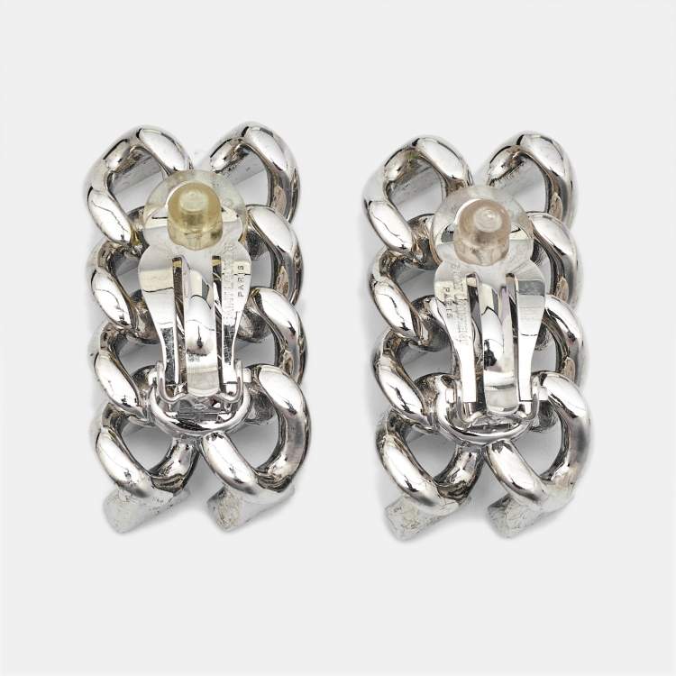 Pre Owned Saint Laurent  Chain Link Crystal Silver Tone Clip On Earrings