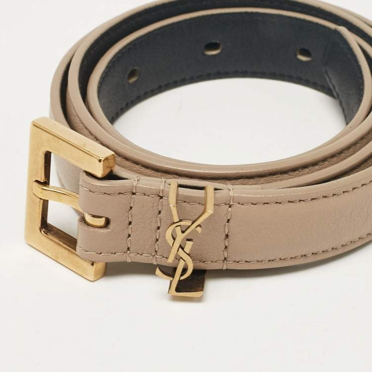 Pre Owned Saint Laurent Beige Leather Monogram Square Buckle Belt 70CM