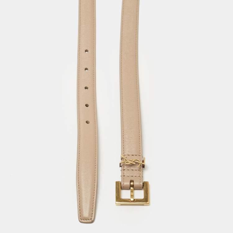 Pre Owned Saint Laurent Beige Leather Monogram Square Buckle Belt 70CM