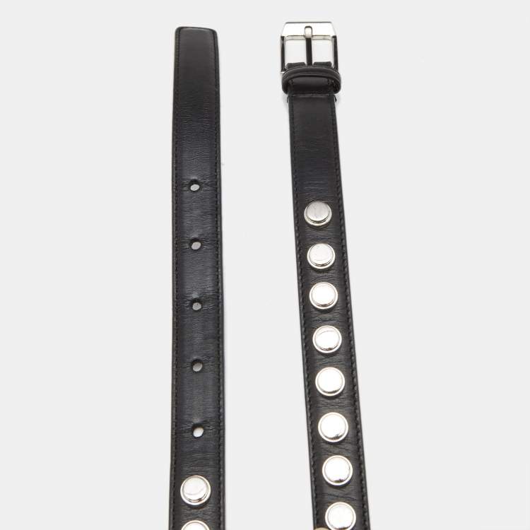 Pre Owned Saint Laurent Black Leather Studded Slim Buckle Belt 100CM