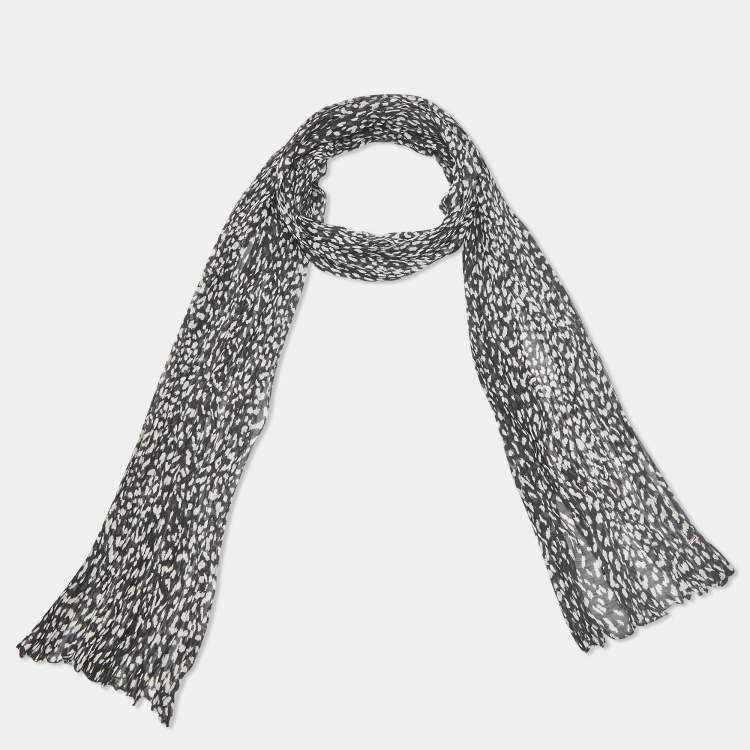 Pre Owned Saint Laurent Black Printed Wool Voile Plisse Stole 