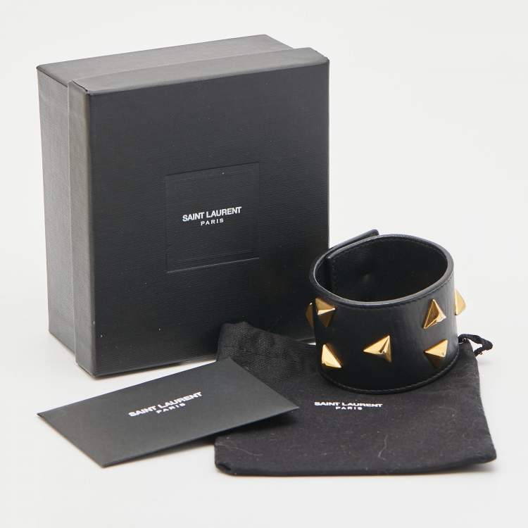 Pre Owned Saint Laurent Paris Black Triangle Studs Leather Gold Tone Cuff Bracelet