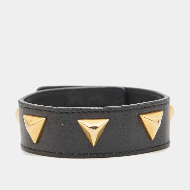 Pre Owned Saint Laurent Paris Black Leather Triangle Studs Gold Tone Cuff Bracelet