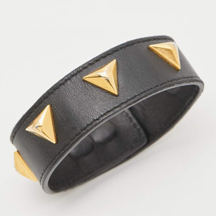 Pre Owned Saint Laurent Paris Black Leather Triangle Studs Gold Tone Cuff Bracelet