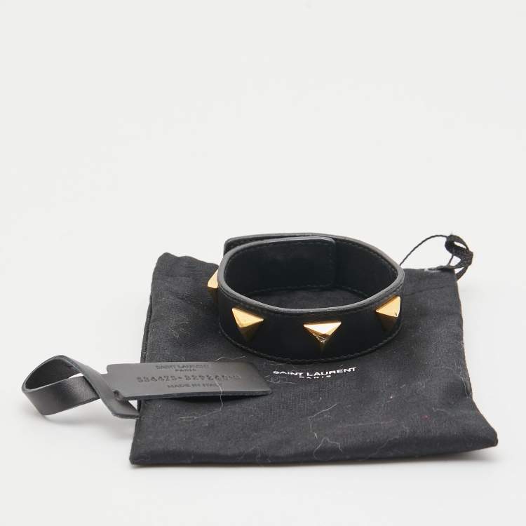 Pre Owned Saint Laurent Paris Black Leather Triangle Studs Gold Tone Cuff Bracelet