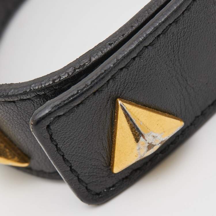 Pre Owned Saint Laurent Paris Black Leather Triangle Studs Gold Tone Cuff Bracelet