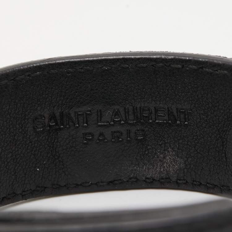 Pre Owned Saint Laurent Paris Black Leather Triangle Studs Gold Tone Cuff Bracelet