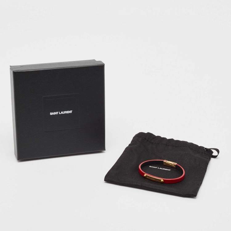 Pre Owned Saint Laurent  Red Logo Leather Gold Tone Bracelet