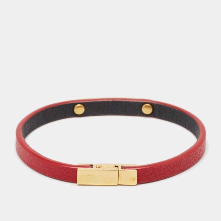 Pre Owned Saint Laurent  Red Logo Leather Gold Tone Bracelet