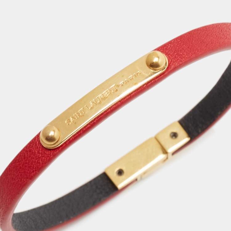 Pre Owned Saint Laurent  Red Logo Leather Gold Tone Bracelet