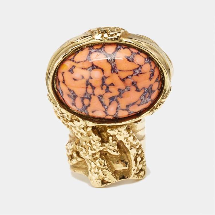 Pre Owned Saint Laurent Paris Glass Gold Tone Ring Size 51