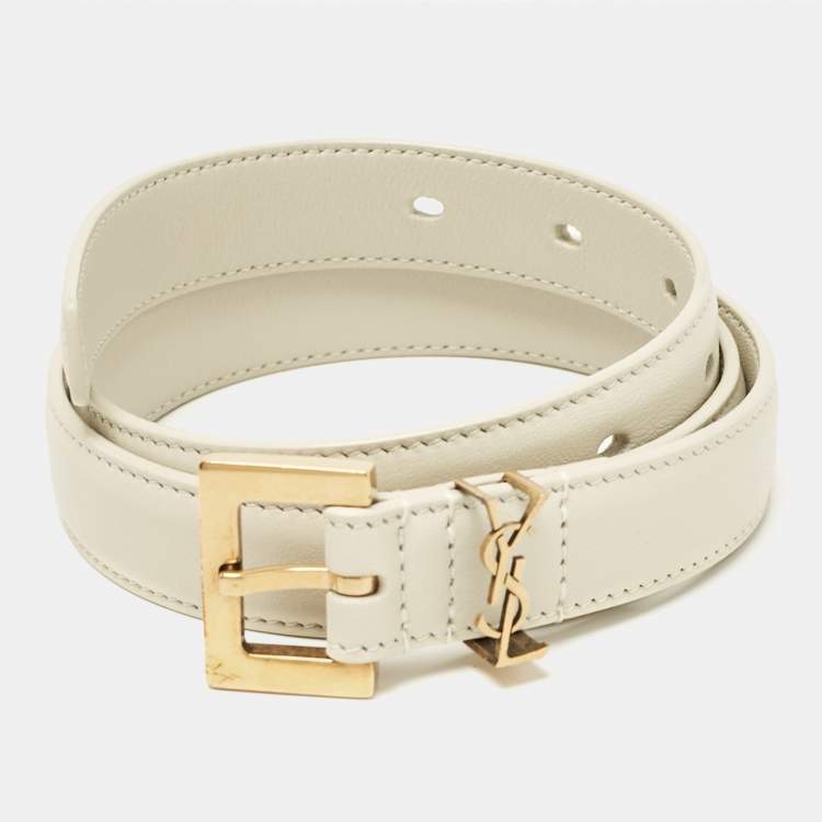 Pre Owned Saint Laurent Off White Leather Cassandre Slim Belt 70 CM
