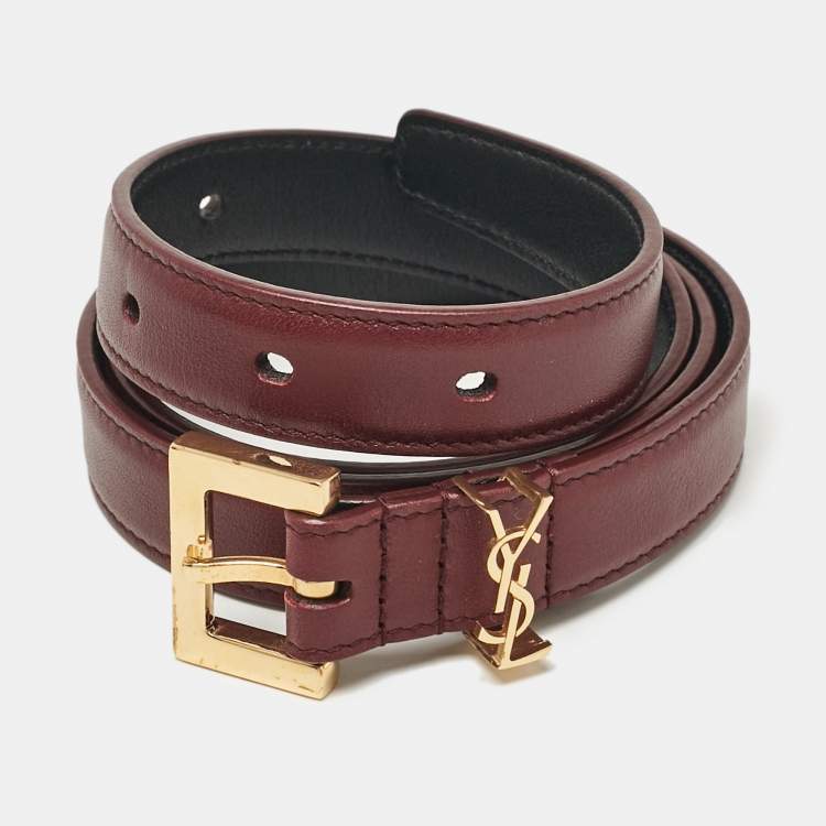 Pre Owned Saint Laurent Burgundy Leather Buckle Slim Belt 75 CM