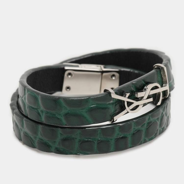 Pre Owned Saint Laurent Green Croc Embossed Leather YSL Monogram Double Wrap Bracelet