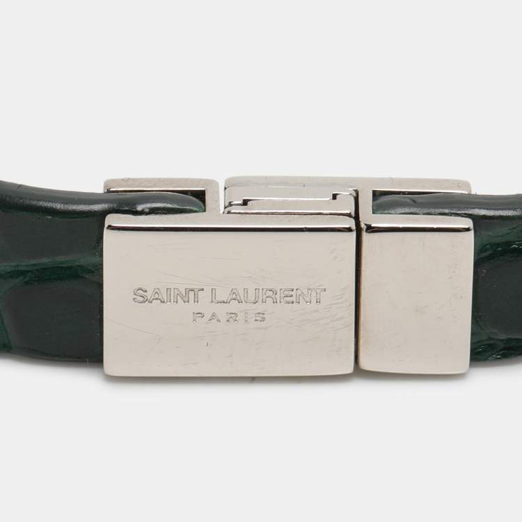 Pre Owned Saint Laurent Green Croc Embossed Leather YSL Monogram Double Wrap Bracelet