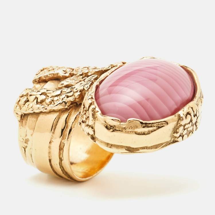 Pre Owned Saint Laurent Pink Cabochon Arty Gold Tone Cocktail Ring Size 57