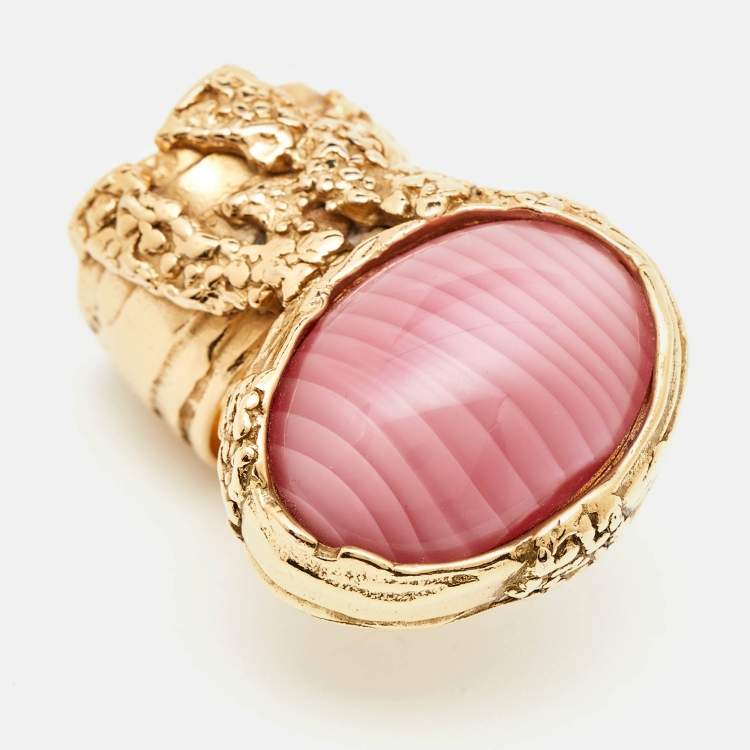Pre Owned Saint Laurent Pink Cabochon Arty Gold Tone Cocktail Ring Size 57