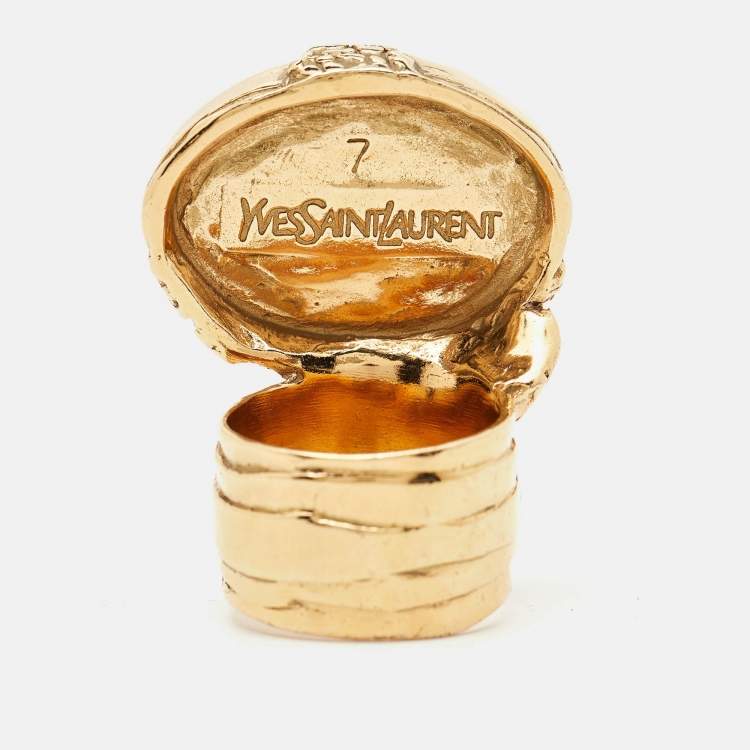 Pre Owned Saint Laurent Pink Cabochon Arty Gold Tone Cocktail Ring Size 57