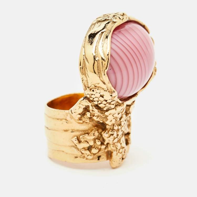 Pre Owned Saint Laurent Pink Cabochon Arty Gold Tone Cocktail Ring Size 57