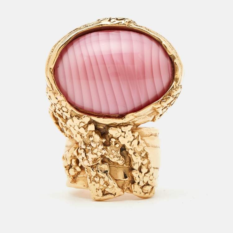 Pre Owned Saint Laurent Pink Cabochon Arty Gold Tone Cocktail Ring Size 57