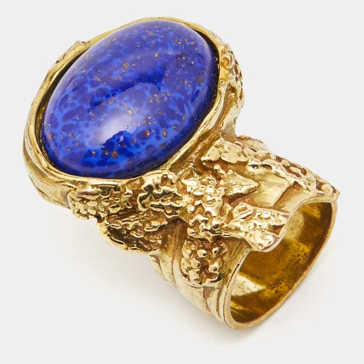 Pre Owned Saint Laurent Paris Arty Glass Gold Tone Ring Size 58