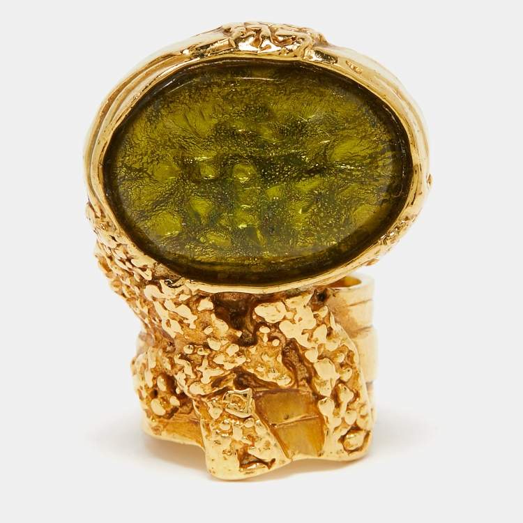 Pre Owned Saint Laurent Paris Arty Glass Gold Tone Ring Size 54