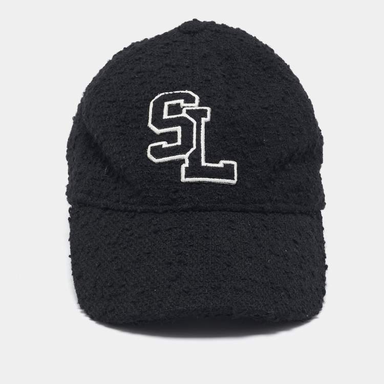 Pre Owned Saint Laurent Black Logo Wool Boucle Tweed Baseball Cap Size 56