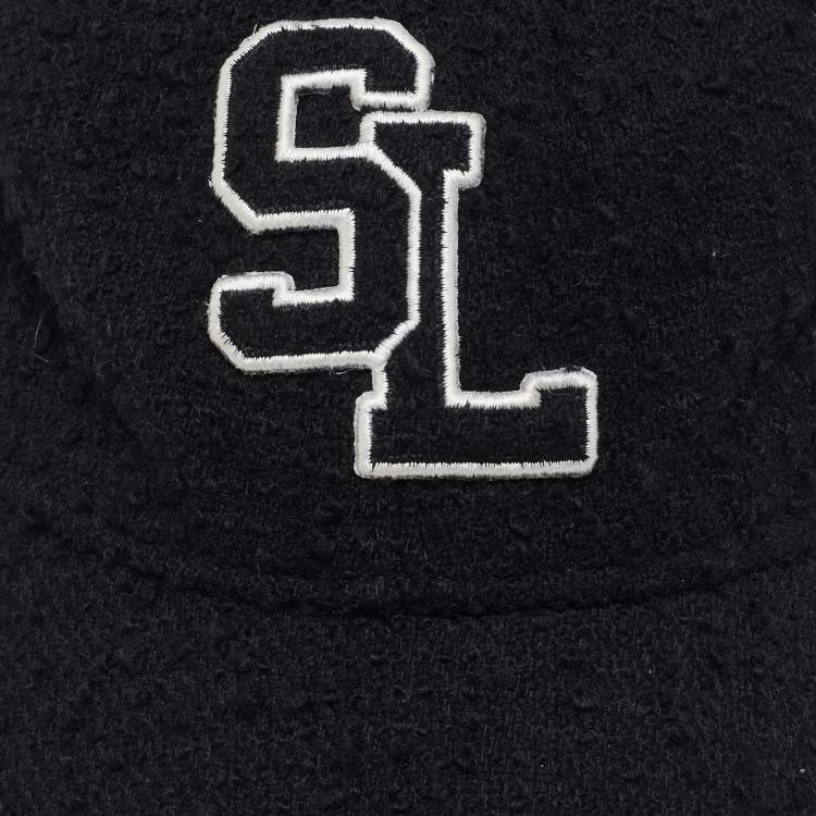 Pre Owned Saint Laurent Black Logo Wool Boucle Tweed Baseball Cap Size 56