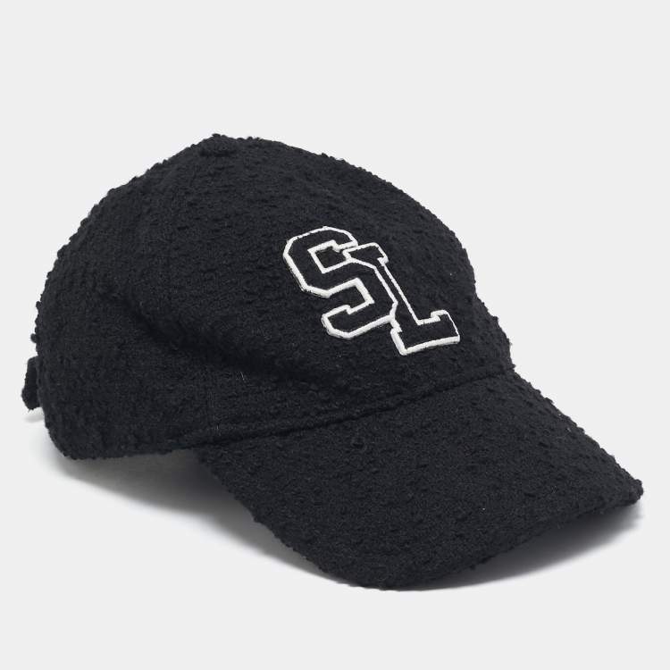 Pre Owned Saint Laurent Black Logo Wool Boucle Tweed Baseball Cap Size 56