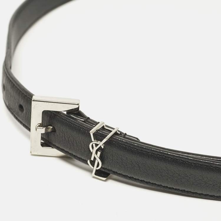 Pre Owned Saint Laurent Black Leather Cassandre Buckle Belt 80CM