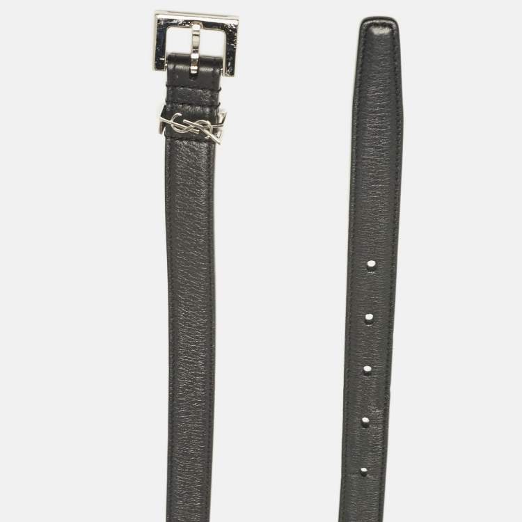 Pre Owned Saint Laurent Black Leather Cassandre Buckle Belt 80CM