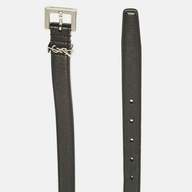 Pre Owned Saint Laurent Black Leather Cassandre Buckle Belt 80CM