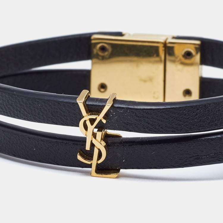 Pre Owned Saint Laurent Paris Black Leather Gold Tone Bracelet