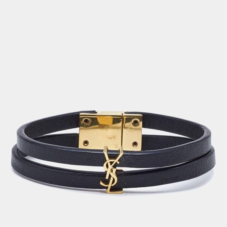 Pre Owned Saint Laurent Paris Black Leather Gold Tone Bracelet