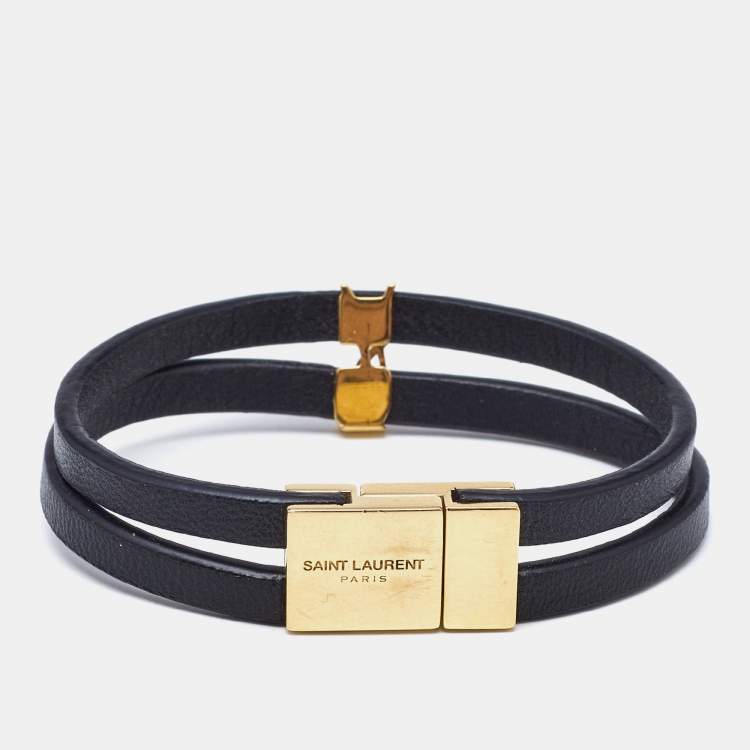 Pre Owned Saint Laurent Paris Black Leather Gold Tone Bracelet