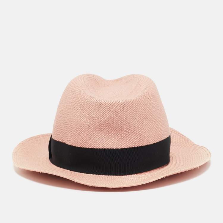 Pre Owned Saint Laurent Paris Pink Straw Panama Hat 