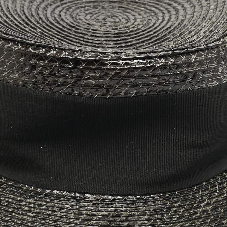 Pre Owned Saint Laurent Paris Black Canotier Lacquered Straw Boater Hat S