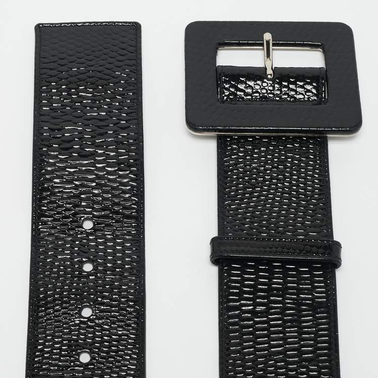 Pre Owned Saint Laurent Black Lizard Embossed Patent Leather Buckle Wide Belt 75CM