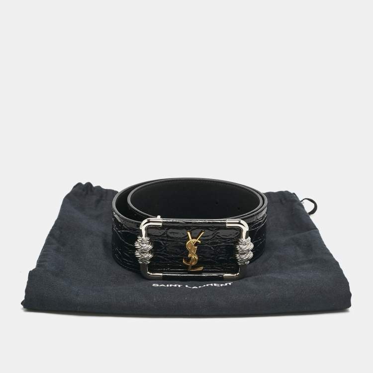 Pre Owned Saint Laurent Black Croc Embossed Patent Leather Logo Square Buckle Belt 70CM