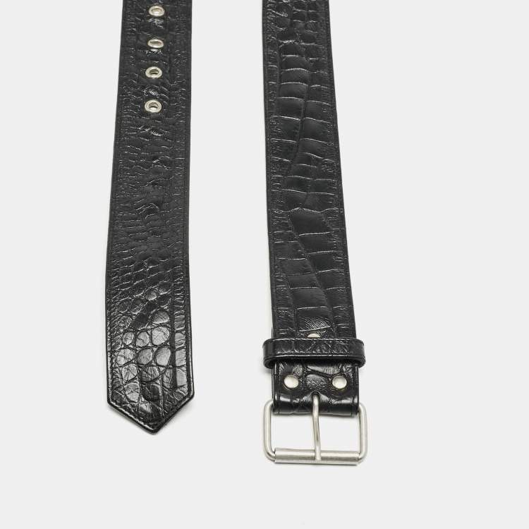 Pre Owned Saint Laurent Black Croc Embossed Leather Buckle Belt 85CM