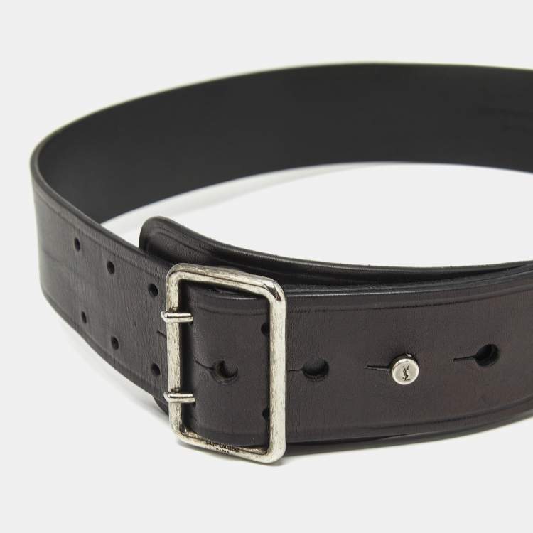 Pre Owned Saint Laurent Black Leather Buckle Waist Belt 75CM