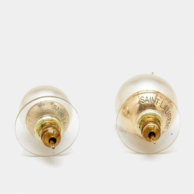 Pre Owned Saint Laurent Logo Faux Pearl Stud Earrings