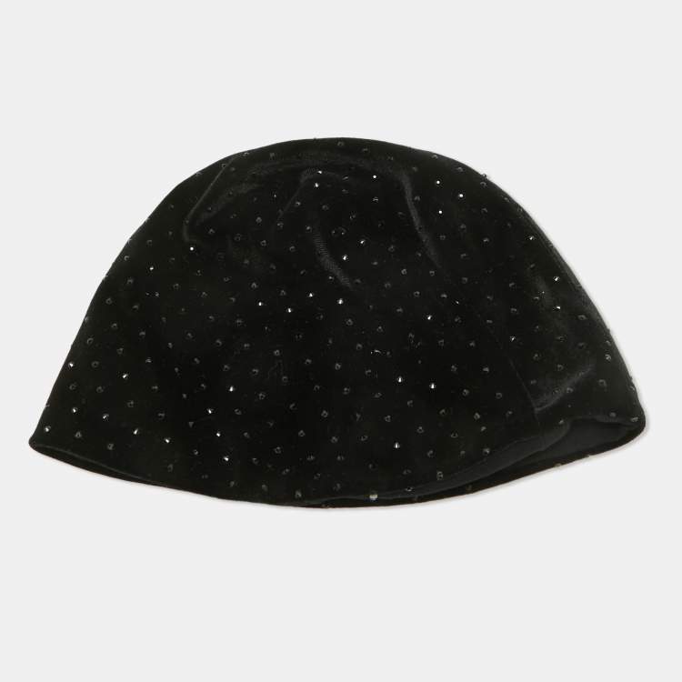 Pre Owned Saint Laurent Paris Black Embellished Velvet Beanie One Size