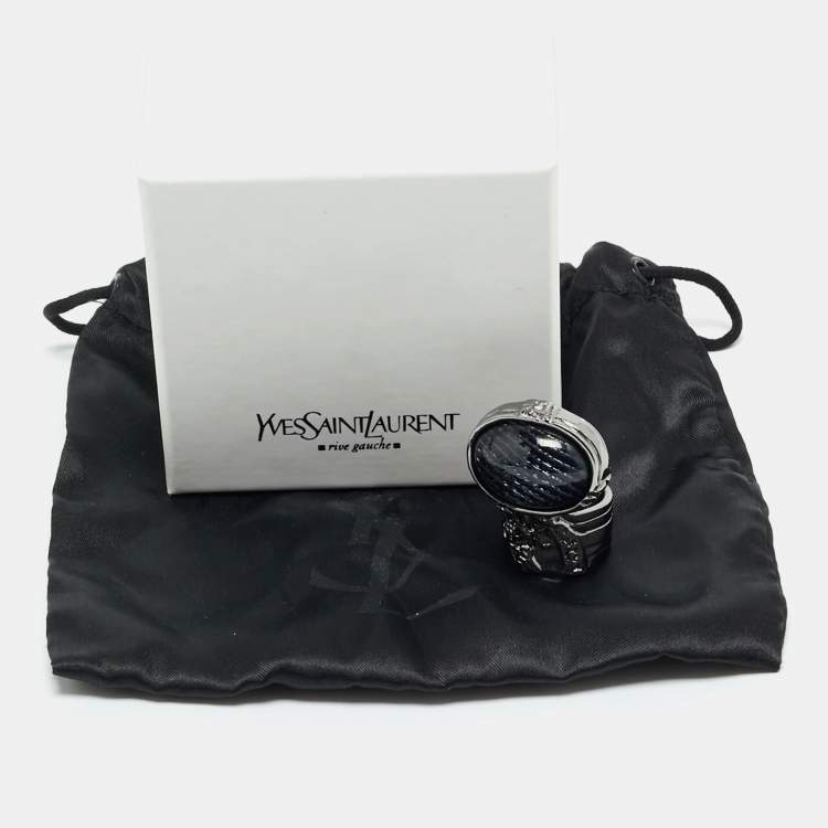 Pre Owned Saint Laurent Paris Arty Glass Cabachon Gunmetal Tone Ring Size 55