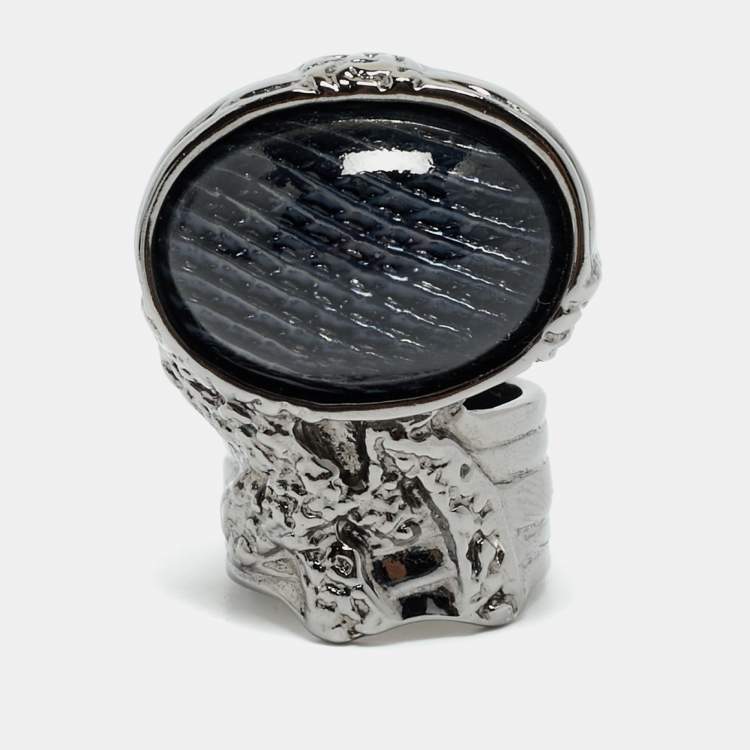 Pre Owned Saint Laurent Paris Arty Glass Cabachon Gunmetal Tone Ring Size 55