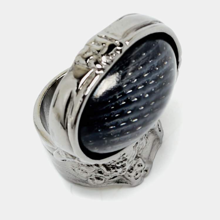 Pre Owned Saint Laurent Paris Arty Glass Cabachon Gunmetal Tone Ring Size 55