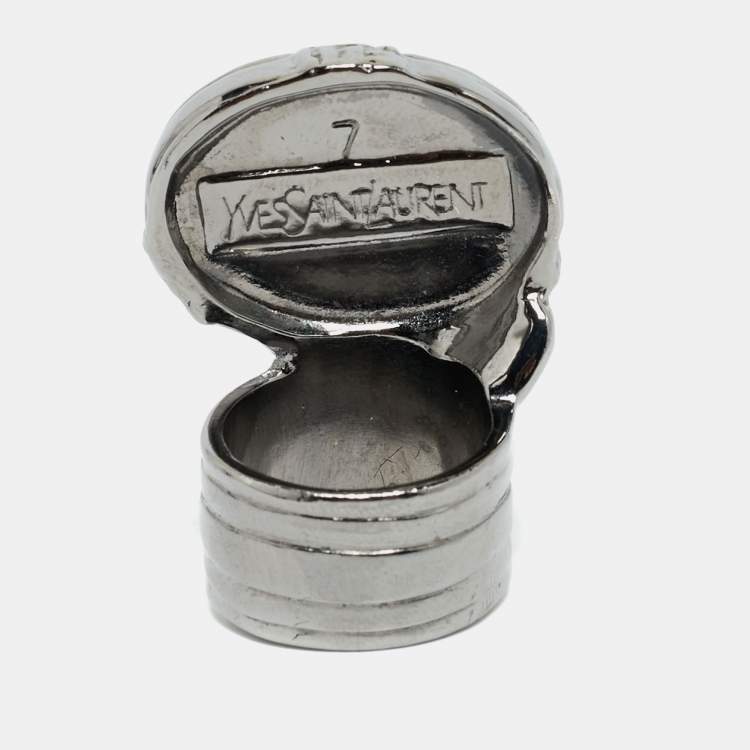 Pre Owned Saint Laurent Paris Arty Glass Cabachon Gunmetal Tone Ring Size 55