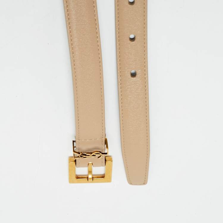 Pre Owned Saint Laurent Beige Leather Cassandre Slim Belt 80 CM