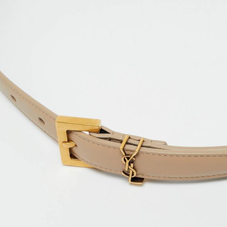 Pre Owned Saint Laurent Beige Leather Cassandre Slim Belt 80 CM